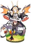  1girl belt black_belt black_bow black_hat black_scales black_sleeves blonde_hair bow breasts cuts detached_sleeves dragon_girl dragon_tail dragon_wings flower_knight_girl frilled_skirt frills hachihito hair_ornament hairclip hat horns injury monster_musume_td multicolored_sleeves nidra_(monmusu_td) official_art open_mouth orange_horns orange_wings purple_eyes red_bow red_claws red_sleeves skirt sleeve_bow sleeves_past_fingers sleeves_past_wrists small_breasts solo tail tail_bow tail_ornament thighs two-tone_hat white_background white_hat white_sleeves wide_sleeves wings 