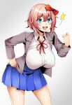  1girl absurdres alternate_breast_size blue_eyes blue_skirt bow breasts collared_shirt commentary doki_doki_literature_club english_commentary eremiya_(loleremiya) eyes_visible_through_hair hair_between_eyes hair_bow hand_on_hip highres jacket large_breasts leaning_forward open_mouth pleated_skirt sayori_(doki_doki_literature_club) school_uniform shirt short_hair simple_background skirt solo star_(symbol) thick_thighs thighs white_shirt 