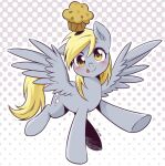  blonde_hair blush cutie_mark derp_eyes derpy_hooves_(mlp) digital_media_(artwork) equid equine feathered_wings feathers female feral food friendship_is_magic grey_body grey_feathers hair hasbro hooves looking_at_viewer mammal muffin my_little_pony nekoshiei pegasus signature solo spread_wings tongue tongue_out wings yellow_eyes yellow_tail 