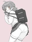  1girl accidental_exposure ahoge ass bag blunt_bangs blush clothes_lift commentary_request from_behind gakuen_idolmaster greyscale_with_colored_background hanami_ume highres idolmaster katachi_no_ue long_sleeves looking_at_viewer looking_back medium_hair miniskirt monochrome open_mouth panties pink_background pleated_skirt school_bag school_uniform short_hair simple_background skirt skirt_lift sleeves_past_wrists smile solo spot_color thighhighs underwear yellow_eyes 