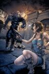  1girl 2boys beretta_92 black_gloves black_skirt blue_eyes boots brad_vickers brown_hair clothes_around_waist commentary english_commentary fingerless_gloves gloves gun handgun holding holding_gun holding_weapon jill_valentine kinojokinart leather miniskirt multiple_boys nemesis_(resident_evil) night resident_evil resident_evil_3:_nemesis short_hair single_blank_eye skirt squatting stitched_face stitches sweater sweater_around_waist tentacles watermark weapon 
