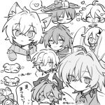  1girl 6+boys ^_^ aether_(genshin_impact) ahoge animal_ear_fluff animal_ears arrow_(symbol) blunt_ends blush bow choker closed_eyes closed_mouth collared_shirt creature crossed_bangs dog_boy dog_ears dragon_boy dragon_horns durin_(genshin_impact) earrings empty_eyes flins_(genshin_impact) fur-trimmed_jacket fur_trim genshin_impact gorou_(genshin_impact) greyscale hair_between_eyes hair_ornament halo hat head_only heart highres horns illuga_(genshin_impact) jacket jewelry jingasa kemonomimi_mode lohen_(genshin_impact) long_hair long_sleeves looking_at_object looking_at_viewer looking_down mechanical_halo monochrome multicolored_hair multiple_boys nontan_4242 open_mouth paimon_(genshin_impact) parted_bangs puffy_long_sleeves puffy_sleeves rabbit_ears reading romper scaramouche_(genshin_impact) shirt short_hair simple_background single_earring smile speech_bubble spoken_heart star_(symbol) star_earrings star_hair_ornament streaked_hair striped_bow sweatdrop thought_bubble wanderer_(genshin_impact) zipper 