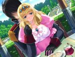  1boy 1girl alcohol aqua_eyes black_gloves black_hair blonde_hair blue_eyes blush bow breasts brooch chair couple crown cup day dress drinking_glass dutch_angle eating elf epaulettes faceless faceless_male feeding food fork game_asset glass gloves gold_tiara hetero himekishi_olivia hug hug_from_behind jewelry knife large_breasts laura_elfinrine long_hair looking_at_viewer military military_uniform nakano_sora non-web_source official_art outdoors parted_lips pillar pink_dress plate pointy_ears pov_across_table princess puffy_sleeves self-datamine short_hair sitting sitting_on_lap sitting_on_person sky smile spoon table tiara variant_set visual_novel_cg wine wine_glass 