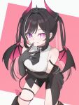  1girl absurdres arm_under_breasts asymmetrical_dress asymmetrical_legwear azki_(hololive) azki_(little_devil)_(hololive) bare_shoulders black_dress black_gloves black_hair black_horns black_necktie black_shorts black_skirt black_tail black_tiara black_wings blush butterfly_brooch closed_mouth colored_inner_hair commentary_request contrast_collar demon_girl demon_horns demon_tail demon_wings dress elbow_gloves feet_out_of_frame fishnet_kneehighs front_slit garu_kim gloves glowing glowing_eye gradient_horns gradient_tail grin heterochromia highres hololive horns kneehighs korean_commentary leaning_forward long_hair looking_at_viewer mismatched_legwear mole mole_under_eye multicolored_hair multicolored_horns multiple_thigh_straps necktie official_alternate_costume pink_eyes pink_hair pink_horns pink_streaks pink_tail purple_eyes shirt short_dress short_necktie short_shorts shorts side_slit side_slit_shorts sidelocks skirt sleeveless sleeveless_shirt smile socks solo strapless strapless_dress streaked_hair tail tail_around_own_leg thigh_strap tiara very_long_hair virtual_youtuber wallet_chain white_shirt white_streaks wings 