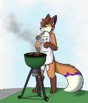 4_toes absurd_res anthro apron apron_only big_tail brown_body brown_fur burger canid canine clothing cooking_tongs dipstick_tail ear_piercing eyes_closed feet femboy food fox fur grass grill hi_res kelaskie_(artist) kitchen_utensils male mammal markings mochafox_(itsmochafox) orange_body orange_fur outside piercing plant purple_body purple_fur rainbow_piercings red_fox smile solo standing tail tail_markings toes tongs tools true_fox white_body white_fur
