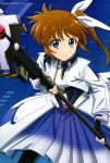  1girl absurdres anime_coloring arakaki_issei artist_name black_gloves blue_background blue_dress blue_eyes brown_hair closed_mouth copyright_name copyright_notice cowboy_shot cropped_jacket dress fingerless_gloves gloves hair_ribbon highres holding holding_staff holding_weapon jacket long_hair looking_at_viewer lyrical_nanoha magazine_scan mahou_shoujo_lyrical_nanoha_exceeds:_gun_blaze_vengeance megami_magazine multicolored_dress official_art pleated_dress raising_heart ribbon scan serious side_ponytail sidelocks solo staff takamachi_nanoha third-party_source v-shaped_eyebrows weapon white_dress white_jacket white_ribbon 