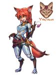  1girl animal_ears armor bangs breastplate breasts colored_skin digitigrade earrings fox_ears fox_girl fox_tail freckles full_body furry furry_female grey_background hand_up highres jewelry large_breasts long_hair looking_at_viewer multicolored_skin orange_hair original phantom_ix_row sheath sheathed shoulder_plates simple_background solo standing sword tail two-tone_skin weapon 