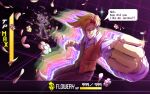  1boy 1other afterimage attack belt black_background black_belt blonde_hair brown_pants clenched_hand closed_eyes collared_shirt commentary damage_numbers deltarune english_commentary english_text evil_smile fighting flower flowery_(deltarune) glint green_vest grid_background health_bar highres jujutsu_kaisen maxxdisamnesic orange_vest outline pants petals pink_flower pink_petals roaring_knight scene_reference shadow shirt smile speech_bubble status_bar two-tone_vest utdr_(toby_fox) vest white_outline white_shirt 