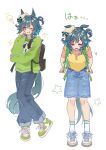  1girl animal_ears blue_pants blue_shorts blush breasts ears_through_headwear green_eyes green_hair green_sweater grin hair_between_eyes hat highres horse_ears horse_girl horse_tail kiseki_(umamusume) light_bulb long_sleeves looking_at_viewer morizu929 multicolored_hair one_eye_closed open_mouth pants shirt shoes short_hair short_sleeves shorts smile socks streaked_hair sweat sweater tail teeth umamusume white_socks white_streaks yellow_hat yellow_shirt 