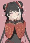  1girl black_hair china_dress chinese_clothes closed_mouth commentary_request dot_nose double_bun dress frilled_sleeves frills hair_bun hands_on_own_cheeks hands_on_own_face hands_up highres inkstone30 jia_xichun_(project_moon) korean_commentary limbus_company long_hair long_sleeves looking_at_viewer multicolored_hair one_eye_closed pink_background pink_eyes project_moon red_shrug red_sleeves shrug_(clothing) smile solo streaked_hair two-tone_hair upper_body white_streaks 