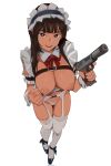  breasts chest_belt garter_belt gun h&amp;k_usp handgun high_heels highres holding holding_gun holding_weapon juliet_sleeves large_breasts light_smile long_hair long_sleeves maid maid_headdress mole original panties puffy_sleeves red_ribbon ribbon underwear wani_(perfect_han) weapon white_background white_panties 