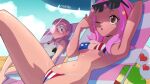  2girls american_flag american_flag_bikini american_flag_print arm_behind_head bare_shoulders beach bikini blue_bikini breasts commentary covered_nipples digimon digimon_adventure_02 english_commentary eyewear_on_head flag_print flag_print_bikini glasses glint highres inoue_miyako multicolored_bikini multicolored_hair multiple_girls one-piece_swimsuit one_eye_closed pink_hair print_bikini purple_eyes red_bikini red_hair round_eyewear small_breasts solo_focus star_(symbol) streaked_hair sunglasses supermondobeat swimsuit tachikawa_mimi white_bikini white_one-piece_swimsuit 