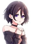  1girl bare_shoulders black_sweater brown_hair closed_mouth collar hair_between_eyes hair_ornament hairclip highres levana_violette_(lusan666) lusan666 off_shoulder original purple_eyes short_hair solo sweater white_background 
