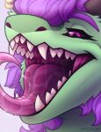 absurd_res ambiguous_gender bangs black_sclera bodily_fluids dragon ear_piercing ear_ring fangs feral gold_(metal) green_body hair hi_res horn mouth_shot mythological_creature mythological_scalie mythology one_eye_obstructed open_mouth piercing purple_eyes purple_hair ring_piercing saliva saliva_on_tongue saliva_string scalie solo teeth teeth_showing tongue tongue_out zegzagun