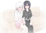  2girls alternate_costume aru0607 black_hair black_pants black_shirt blush breasts butterfly_hair_ornament cleavage collarbone collared_shirt commentary_request couch floral_print floral_print_shirt gradient_hair hair_ornament highres hood hoodie housho_margo lcl long_hoodie mahou_shoujo_no_majo_saiban multicolored_hair multiple_girls pants pink_eyes pink_hair print_shirt purple_eyes sakuraba_ema shirt short_hair simple_background sitting white_background white_hair x_hair_ornament 