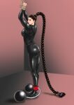  1girl absurdly_long_hair arms_up ass bodysuit bound bound_wrists braid braided_ponytail breasts brown_hair catsuit commentary_request full_body hair_pulled_back high_heel_bodysuit highres long_hair medium_breasts original ponytail rebirthkamisennin red_lips restrained solo standing very_long_hair 