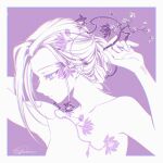  1girl adjusting_hair arms_behind_head arms_up blue_eyes border chinese_commentary chromatic_aberration closed_mouth commentary_request expressionless flower hair_flower hair_ornament highres looking_down luye_(the_legend_of_luoxiaohei) monochrome mu_(1729032449) profile purple_background purple_flower purple_theme signature simple_background solo the_legend_of_luo_xiaohei upper_body white_border 