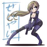  1girl black_eyes blonde_hair bodysuit breasts cleavage gun handgun highres holding holding_gun holding_weapon jill_valentine jill_valentine_(battle_suit) long_hair looking_to_the_side ogi_sifer purple_bodysuit resident_evil resident_evil_5 weapon 