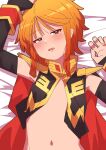  1girl absurdres armor black_capelet black_sleeves blush capelet detached_sleeves flat_chest gundam gundam_zz half-closed_eyes hands_up highres looking_at_viewer lying navel neo_zeon no_shirt on_back onimaru_(onimal7802) open_mouth orange_hair pauldrons puru_two short_hair shoulder_armor sleepy solo upper_body waking_up 