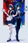  2boys alternate_costume apron bishounen black_bow black_bowtie black_dress black_hair black_jacket black_pants black_shoes black_sleeves blue_background blue_butterfly blue_gem blunt_ends border bow bowtie brooch bug butterfly butterfly_background cake closed_mouth coattails collared_shirt colored_inner_hair crossdressing crossdressing_(mtf) dress dress_shirt dual_persona enmaided eyeliner food formal_clothes frilled_apron frilled_dress frills full_body gem genshin_impact gloves gold gold_border grey_vest hair_ribbon hands_up highres holding holding_plate jacket jewelry juliet_sleeves kettle kneehighs lapels layered_sleeves long_eyelashes long_sleeves looking_at_viewer maid maid_apron maid_headdress makeup male_maid mandarin_collar medium_dress multicolored_hair multiple_boys neyti_(neytirv) open_clothes open_hands open_jacket ornate_border pants parted_lips plate puffy_sleeves purple_eyes purple_hair red_background red_butterfly red_eyeliner red_ribbon ribbed_socks ribbon scaramouche_(genshin_impact) shirt shoes short_sleeves smile socks standing standing_on_one_leg suit_jacket suit_pants tailcoat thigh_strap tsurime two-tone_background undershirt vest vision_(genshin_impact) waist_apron wanderer_(genshin_impact) white_apron white_background white_gloves white_mouth white_shirt white_sleeves white_socks white_wrist_cuffs wingtip_collar wispy_bangs wrist_cuffs 