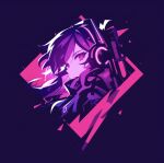  1girl ai-generated chinese_commentary closed_mouth commentary gun headphones jacket long_hair looking_at_viewer mk103781220 original pink_eyes portrait purple_background purple_hair purple_theme rifle simple_background solo upper_body weapon 