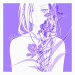  1girl blue_eyes border braid chinese_commentary closed_mouth commentary_request expressionless flower hair_flower hair_ornament hair_over_one_eye highres long_hair looking_at_viewer luye_(the_legend_of_luoxiaohei) monochrome mu_(1729032449) purple_background purple_theme signature simple_background solo the_legend_of_luo_xiaohei upper_body white_border 