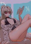  1girl black_one-piece_swimsuit blonde_hair blue_archive breasts commentary_request feathered_wings halo highres large_breasts long_hair low_wings murloc_(user_wxxf2533) nagisa_(blue_archive) nagisa_(swimsuit)_(blue_archive) official_alternate_costume official_alternate_hairstyle one-piece_swimsuit ponytail sunglasses swimsuit thighs white_wings wings 