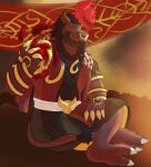 2_claws 2_toes anthro asian_mythology beard beard_ponytail bismarck6 black_hair body_hair bovid bovine claws clothing dead_by_daylight demon east_asian_mythology european_mythology facial_hair facial_piercing feet finger_claws fur greek_mythology hair hi_res horn humanoid japanese_mythology long_hair looking_at_viewer male mammal minotaur monster muscular muscular_anthro muscular_male mythology oni pattern_clothing pecs piercing plantigrade purple_body red_eyes smile smiling_at_viewer solo tail tail_tuft the_oni_(dead_by_daylight) toe_claws toes topwear tuft yokai