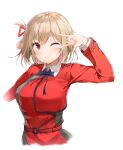  1girl ;) absurdres arm_up belt blonde_hair blue_ribbon blush bob_cut breasts closed_mouth collared_shirt commentary cropped_torso dress english_commentary grey_dress hair_between_eyes hair_ribbon hand_up highres large_breasts long_sleeves looking_at_viewer lycoris_recoil lycoris_uniform neck_ribbon nishikigi_chisato one_eye_closed one_side_up pleated_dress radoremo red_belt red_dress red_eyes red_ribbon ribbon school_uniform shirt short_hair simple_background smile solo two-tone_dress upper_body v v_over_eye white_background white_shirt 