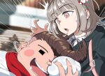  1boy 1girl =_= between_breasts black_jacket blunt_bangs blush_stickers breasts brown_hair chef_hat collared_shirt commentary_request danganronpa_(series) danganronpa_2:_goodbye_despair emphasis_lines flipped_hair grabbing_another's_breast grey_hair groping hair_ornament hanamura_teruteru hat head_between_breasts highres indoors jacket large_breasts medium_hair mini_chef_hat mini_hat nanami_chiaki neck_ribbon open_clothes open_jacket open_mouth pink_eyes pink_ribbon pompadour red_scarf redrawn ribbon scarf shirt smile surprised sweatdrop touniyuu white_shirt 