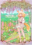  1girl absurdres animal_ear_fluff animal_ears bloomers blue_eyes bug bush butterfly check_commentary child collar commentary_request english_text european_architecture flower foxglove frills garden gardening highres holding holding_watering_can longan2025 marker_(medium) morning_glory open_mouth orange_flower original pink_flower plant purple_flower rural species_request sprout summer tail traditional_media tulip village watering watering_can white_flower wisteria yellow_flower 