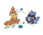  advos ball black_fur blue_fur brown_fur buizel chibi english_text multiple_tails pokemon pokemon_(creature) riolu seed sitting sound_effects tail time_gear two-tone_fur two_tails 