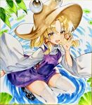  1girl :d black_shoes blonde_hair brown_hat chinese_commentary commentary_request hair_ribbon hat highres l0e9s29p leaf long_hair long_sleeves looking_at_viewer moriya_suwako open_mouth purple_skirt purple_vest red_ribbon ribbon shikishi shoes skindentation skirt smile solo squatting thighhighs touhou traditional_media tress_ribbon vest water watermark white_thighhighs wide_sleeves yellow_eyes 