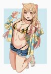  1girl :d animal_ears bangs bare_shoulders bikini blonde_hair blush bracelet breasts cat_ears choker cleavage ear_piercing earrings flower jewelry kitagawa_marin long_hair looking_at_viewer navel necklace official_art open_mouth piercing pink_eyes pink_nails shiren_(ourboy83) shoes shorts smile sneakers solo sono_bisque_doll_wa_koi_wo_suru swimsuit 