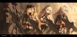  1boy 3girls absurdres assault_rifle blitz_predator breasts brown_hair commander_(girls'_frontline) commentary english_commentary girls'_frontline girls'_frontline_2:_exilium grey_hair gun h&amp;k_g36 h&amp;k_ump hair_between_eyes hair_ornament handgun highres jacket lainie_(girls'_frontline_2) lenna_(girls'_frontline_2) leva_(girls'_frontline_2) long_hair makarov_pm midriff multiple_girls one_side_up ribbon rifle shirt siblings sisters skirt smile submachine_gun twintails ump40_(girls'_frontline) ump45_(girls'_frontline) ump9_(girls'_frontline) weapon white_shirt yellow_eyes 