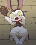 2019 4:5 anthro biped bodily_fluids bottomless bottomless_anthro bottomless_female brick_floor cel_shading clothed clothed_anthro clothed_female clothing constricted_pupils crepix crying digital_drawing_(artwork) digital_media_(artwork) digitigrade female female_anthro genital_fluids genitals guri_(obakeidoro!) high-angle_view innie_vulva lagomorph lamp lantern leporid looking_at_viewer lying mammal obakeidoro! on_back pupils rabbit scared shaded shaking small_pupils solo tears thick_thighs tremble_spikes trembling urine vulva wetting yellow_sclera