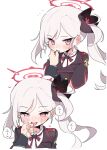  1girl absurdres anger_vein black_ribbon blue_archive hair_ribbon halo highres looking_at_viewer mg_pong mutsuki_(blue_archive) pink_eyes ribbon side_ponytail simple_background smile solo_focus speech_bubble tongue tongue_out translated upper_body white_background white_hair 