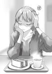  1girl blurry blurry_background closed_eyes closed_mouth cup depth_of_field doushimasho drink food greyscale highres indoors jacket long_sleeves monochrome open_clothes open_jacket original plate sandwich shirt short_hair sitting solo table tray v-neck 
