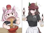  1girl animal_ears apron black_shirt blush bowl breasts brown_hair chopsticks closed_mouth commentary_request ear_covers ears_through_headwear eating flying_sweatdrops food hair_between_eyes hand_puppet haremetcken hat highres holding horse_ears horse_girl horse_tail large_breasts marche_lorraine_(umamusume) mismatched_ear_covers multicolored_hair noodle_strainer noodles open_mouth puppet purple_eyes ramen shirt short_hair short_sleeves softboiled_egg strainer sweatdrop tail umamusume waist_apron white_apron 