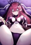  1girl bangs bare_shoulders black_panties blush bracelet breasts bridal_gauntlets detached_sleeves earrings fairy_knight_tristan_(fate) fairy_knight_tristan_(second_ascension)_(fate) fate/grand_order fate_(series) grey_eyes highres ichi_kq jewelry large_breasts long_hair looking_at_viewer navel panties pink_hair pointy_ears revealing_clothes sidelocks solo spread_legs thigh_strap thighs tiara underwear veil 