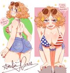  1girl absurdres america_(female)_(hetalia) america_(hetalia) american_flag american_flag_bikini american_flag_print armpit_crease artist_request ass aviator_sunglasses axis_powers_hetalia back bare_arms bare_back bare_shoulders bikini bikini_top_only blonde_hair blue_eyes blue_shorts blush bracelet breasts bullying_viewer collarbone commentary cropped_legs curvy cutoffs denim denim_shorts english_commentary eyewear_on_head fingernails flag_print flag_print_bikini gailthulu gold_bracelet hair_ornament halterneck hands_on_another's_knees hands_on_another's_legs highres huge_ass jewelry large_breasts leaning_forward looking_back mole mole_on_breast nail_polish o-ring o-ring_bikini open_mouth orange-tinted_eyewear pocket print_bikini red_nails shiny_skin short_hair short_shorts shorts speech_bubble star_(symbol) star_hair_ornament string_bikini sunglasses swimsuit teasing thick_thighs thighs tinted_eyewear turning_head 