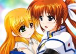  2girls black_gloves blonde_hair child english_commentary fingerless_gloves floating_hair gloves hair_between_eyes heterochromia higa_yukari high_collar highres hug jacket long_hair lyrical_nanoha mahou_shoujo_lyrical_nanoha_strikers multiple_girls open_mouth orange_hair parted_lips puffy_short_sleeves puffy_sleeves purple_eyes short_sleeves simple_background smile takamachi_nanoha tearing_up tears turtleneck twintails upper_body vivio wavy_sidelocks white_jacket wispy_bangs 