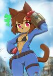 2026 absurd_res anthro artist_name belt bikini bikini_top black_bikini_top black_nose blurred_background breasts brown_hair cleavage clothed clothing domestic_cat eyebrow_through_hair eyebrows eyelashes fallout felid feline felis female gameoverse glitch_productions gun hair hand_on_hip handgun hi_res holster holstered_pistol jumpsuit kit_bodega looking_at_viewer mammal mechanical_arm medium_breasts microsoft navel open_mouth outside pink_eyes pistol ranged_weapon sebasdono short_hair solo standing swimwear text translucent translucent_hair two-piece_swimsuit vault_suit weapon