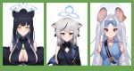  3girls absurdres animal_ear_fluff animal_ears bangs black_dress black_hair black_jacket blue_archive blue_bow blue_dress blush bow breasts brown_eyes cleavage_cutout closed_mouth clothing_cutout dress ear_tag fur_trim green_eyes grey_hair grin hair_bow hair_ornament halo highres jacket kokona_(blue_archive) large_breasts long_hair looking_at_viewer medium_breasts mouse_ears multicolored_hair multiple_girls off_shoulder open_clothes open_jacket ponytail saya_(blue_archive) sbbs short_eyebrows shun_(blue_archive) sideboob simple_background small_breasts smile streaked_hair tassel tiger_ears two_side_up upper_body white_background 