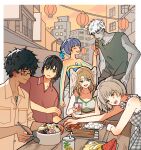  3boys 3girls animal_ears black_hair blue_eyes blue_hair body_markings border breasts brown_hair casual cat_ears cat_girl cleavage closed_eyes closed_mouth collared_shirt colored_skin commentary_request dark-skinned_male dark_skin day drink drinking_straw eunie_(xenoblade) fiery_hair food fruit glasses glowing_lines glowing_markings green_shirt grey_hair grey_skin head_wings highres holding holding_skewer holding_spoon lanz_(xenoblade) large_breasts looking_at_another mio_(xenoblade) multiple_boys multiple_girls noah_(xenoblade) open_mouth outdoors outside_border pink_shirt red_shirt rico_ot sena_(xenoblade) shirt short_hair side_ponytail sitting skewer sleeveless sleeveless_shirt smile spoon standing table taion_(xenoblade) watermelon watermelon_slice white_border white_hair wings xenoblade_chronicles_(series) xenoblade_chronicles_3 yellow_eyes 