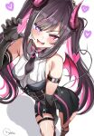  1girl absurdres arm_strap azki_(hololive) azki_(little_devil)_(hololive) bare_shoulders belt black_dress black_gloves black_horns black_necktie black_shorts black_tail black_tiara breasts brooch butterfly_brooch claw_pose colored_inner_hair commentary_request demon_girl demon_horns demon_tail demon_wings dress elbow_gloves fishnet_kneehighs fishnet_socks fishnets gloves gradient_horns grey_socks heterochromia highres hololive horns inokeiwd jewelry kneehighs layered_legwear legwear_garter long_hair looking_at_viewer medium_breasts microdress multicolored_hair multicolored_horns multiple_belts multiple_thigh_straps necktie official_alternate_costume official_alternate_hairstyle open_mouth pink_eyes pink_horns pink_streaks pink_wings shirt short_necktie short_shorts shorts single_claw_pose single_fishnet_legwear single_legwear_garter sleeveless sleeveless_shirt smile socks solo strapless strapless_dress streaked_hair tail thigh_strap tiara twintails virtual_youtuber wallet_chain white_background white_shirt wings 