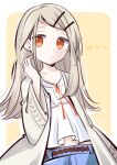  1girl belt blonde_hair blue_pants border commentary_request cowboy_shot earrings gakuen_idolmaster hair_ornament hairclip highres idolmaster jacket jewelry long_hair looking_at_viewer midriff_peek orange_eyes pants shinosawa_hiro shirt solo tama_(hiroshige_36) white_border white_jacket white_shirt yellow_background 