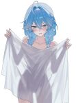  1girl absurdres arahashi_tabi bare_shoulders blue_eyes blue_hair blush braid braid_over_shoulder collarbone commentary covering_privates cowboy_shot flower hair_between_eyes hair_flower hair_ornament highres holding holding_towel looking_at_viewer nbee_ya nude_cover open_mouth simple_background small_sweatdrop solo stellive towel twin_braids untranslatable_commentary virtual_youtuber white_background white_flower 