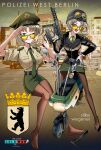  1girl absurdres berlin between_breasts breasts bundesgrenzschutz clothes_between_breasts cold_war collared_shirt commentary english_commentary english_text finger_on_trigger german_text germany goggles goggles_on_headwear green_eyes green_necktie green_skirt grey_hair grin gun h&amp;k_mp5 hand_on_own_hip handgun hat helmet high_heels highres holding holding_gun holding_weapon honda_motocompo jacket knees_together_feet_apart leather leather_jacket long_hair looking_at_viewer looking_over_eyewear mauser_hsp motor_vehicle motorcycle necktie necktie_between_breasts nico_jiang one_eye_closed open_mouth orange-tinted_eyewear original pantyhose pencil_skirt photo_background police police_hat police_uniform policewoman salute shirt shoe_dangle shoes sign signature silke_wegener single_shoe skirt smile submachine_gun tinted_eyewear trigger_discipline walther_mp we_love_cold_war weapon west_germany yellow-framed_eyewear 