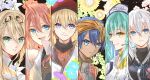  6+girls :d agnes_claudel aqua_hair beret blonde_hair blue_eyes blue_hair braid closed_mouth commentary_request crossed_bangs double-parted_bangs earrings eiyuu_densetsu elaine_auclair feri_al-fayed floral_background green_eyes hair_between_eyes half_up_braid hat headband headset highres jewelry judith_lanster kuro_no_kiseki_(series) kuro_no_kiseki_i long_hair looking_at_viewer maid_headdress multiple_girls natsumikan_(hom08e) necklace open_mouth parted_bangs parted_lips pendant pink_hair pink_sweater red_hat ribbed_sweater risette_twinings scarf shizuna_rem_misurugi short_hair sidelocks single_earring smile sweater turtleneck upper_body v-shaped_eyebrows white_hair yellow_eyes yellow_headband yellow_scarf zipper_pull_tab 